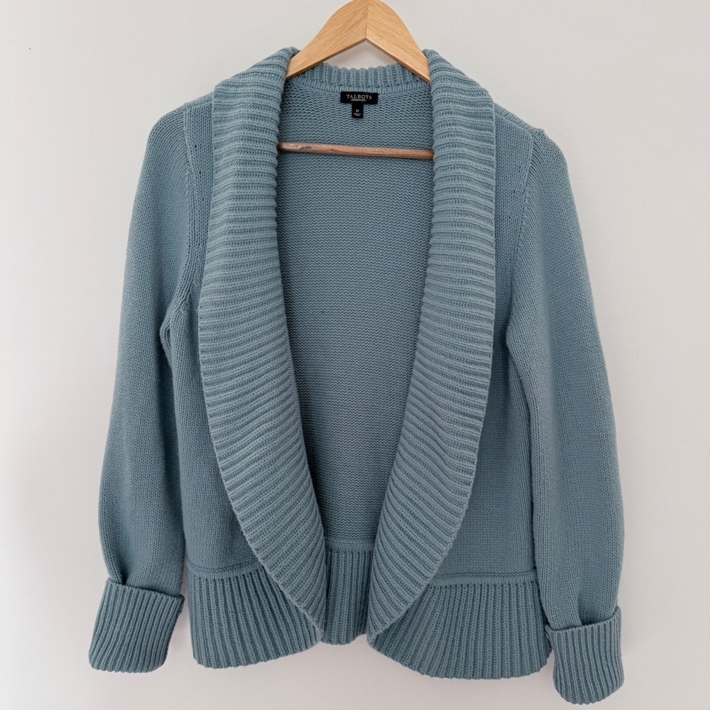 Talbots Open Front Shawl Neck Cardigan Blue Medium